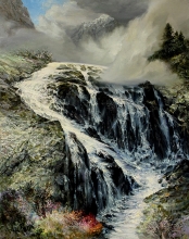 The Altay Mountains. Waterfall - canvas, oil