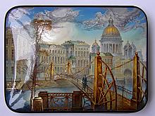 Pochtamtsky Bridge in Saint Petersburg - a box, Fedoskino lacquer painting technique