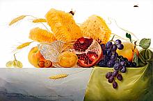 Honey and Fruits - decorative panel, Fedoskino miniature lacquer painting