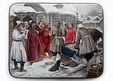 Delivery Of Falcons To A Falconer Assistant At Semenov Fun Court in Moscow In Late 17th Century - box, Fedoskino lacquer painting technique