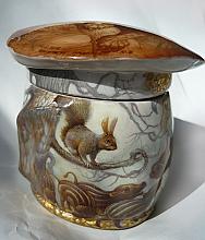 Lynx And Wild Boars - mushroom shaped box, Fedoskino lacquer painting technique