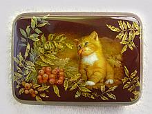 Kitten With Ash Berry - box, Fedoskino lacquer painting technique
