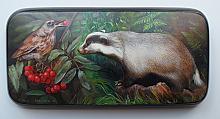 Badger With Ash Berry - box, Fedoskino lacquer painting technique