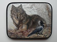 Wolf And Raven - box, Fedoskino lacquer painting technique