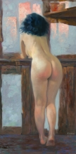 Model On The Balcony. Red Sunset - oil, canvs