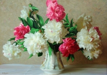 Pink And White Peonies In A Light Background - oil, canvas