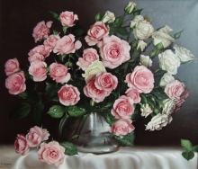 Roses In A Glass Vase - oil, canvas