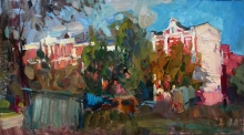 Trubnaya Street In Moscow. Autumn Sun - oil, cardboard