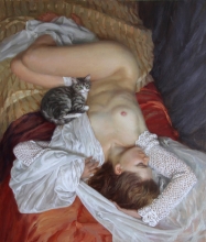 Nude With A Kitten - oil, canvas