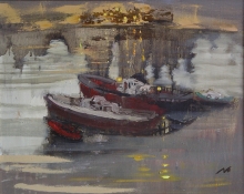 Evening Lights. Southern Bay. Two Ships - oil, canvas