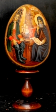 Peter The First And Mitrophan Of Voronezh - Easter egg: tempera, acrylic, linden wood, acrylic varnish