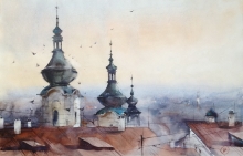 Prague Pigeons - watercolor, paper