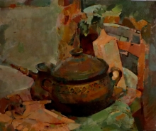 Still Life In Orange And Green - oil, canvas on cardboard