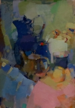 Still Life In Blue And Pink - oil, cardboard