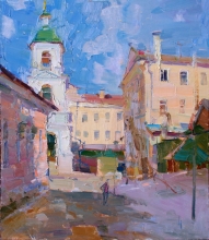 Courtyard Of The Holy Trinity Temple - oil, cardboard