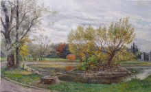 In The Botanical Garden. At The Pond - oil, wood