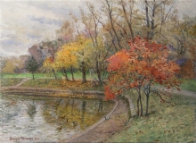 Autumn In The Botanical Gardens. Pond - oil, canvas