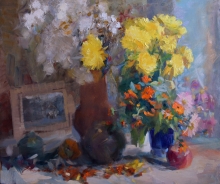Calendula And Chrysanthemums Flowers - oil, canvas