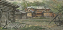 Village Yard With A Well - oil, fireboard