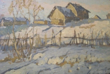 Snow-covered Village. December - oil, cardboard