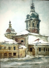 Moscow. Zhdanov Street. Temple On Rozhestvenka - oil, canvas