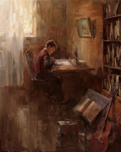 A Boy Doing His Homework - oil, canvas