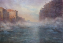 Venice. Foggy Day - watercolors, lacquer, white paint, paper 