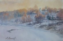 Tarusa. View Of Resurrection Church From The River - watercolors, paper