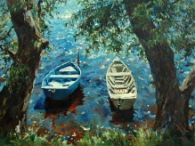 Boats Under Willow Trees - oil, canvas