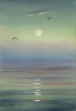 Moon Over The Ladoga - watercolors, paper